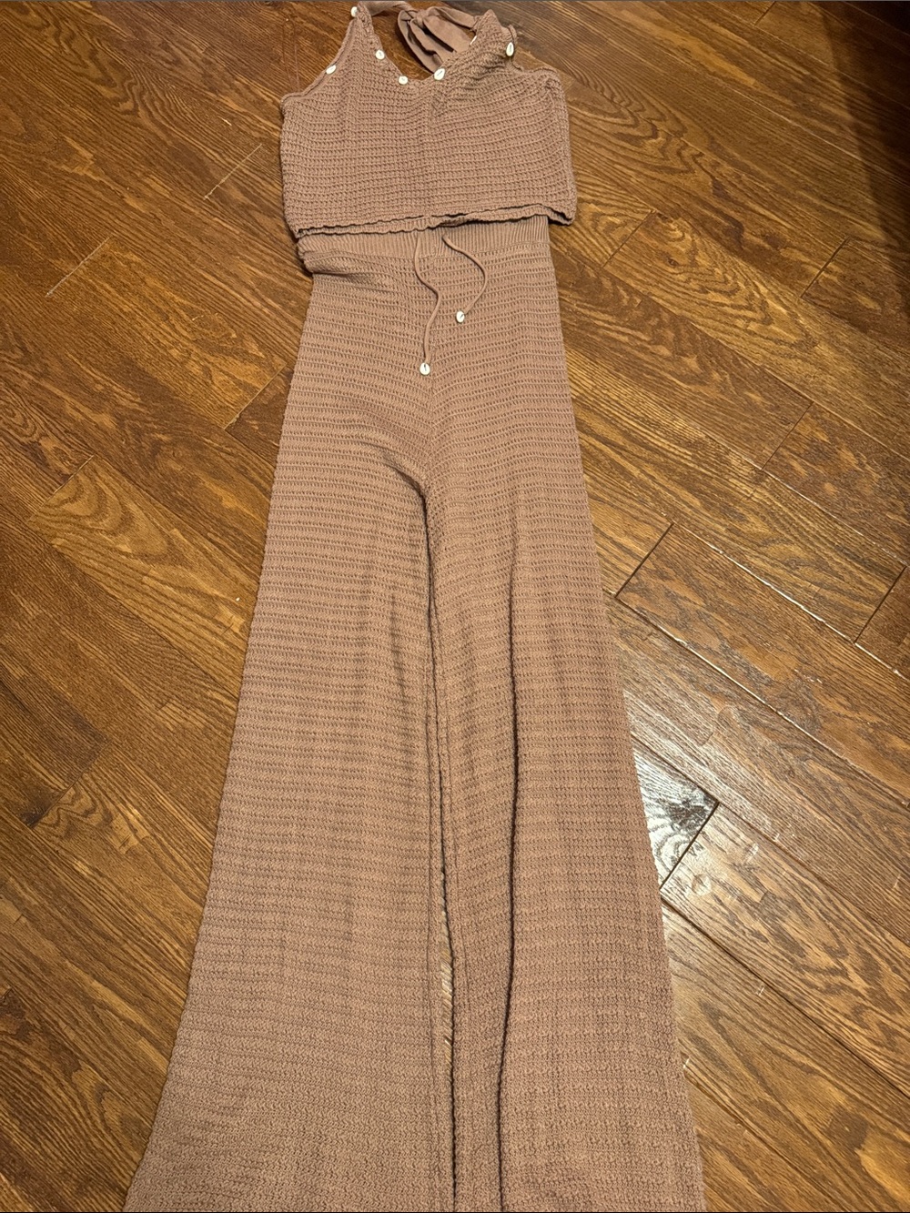 Sincerely Jules Knit Top & Wide-Leg Set in Brown & Seashells Size XL